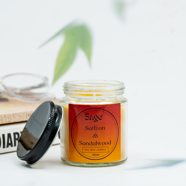 Sage's Handmade Decorative Saffron and Sandalwood Scented Soy Wax Jar Candle (100ml) - Unique Heartfelt and Long Lasting Scented Gifts for Loved Ones