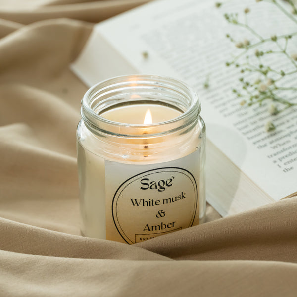 Sage's Handmade Decorative White Musk and Amber Scented Soy Wax Jar Candle - Unique Heartfelt and Long Lasting Scented Gifts for Loved Ones