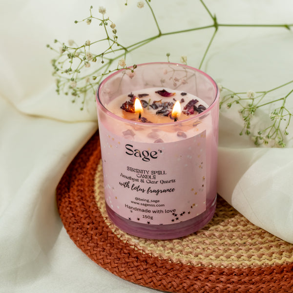 Sage's Serenity Spell Candle Amethyst & Clear Quartz with Lotus Fragrance