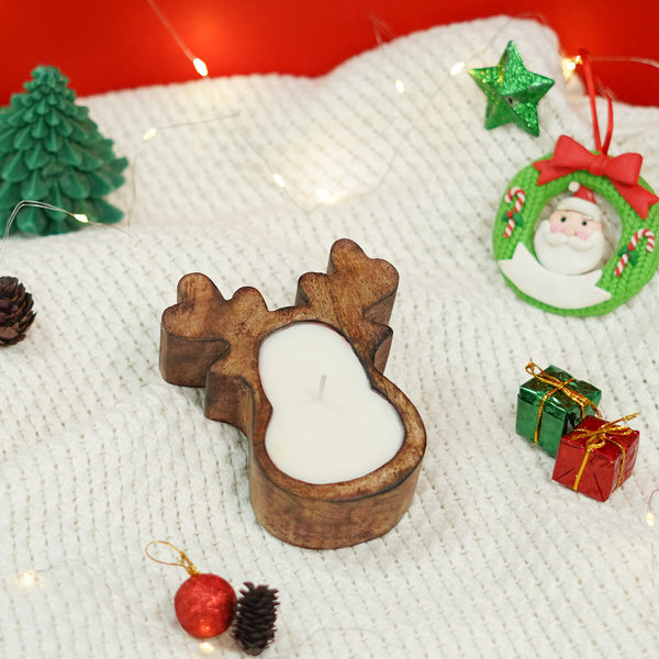 WOODEN BOWL REINDEER CANDLE